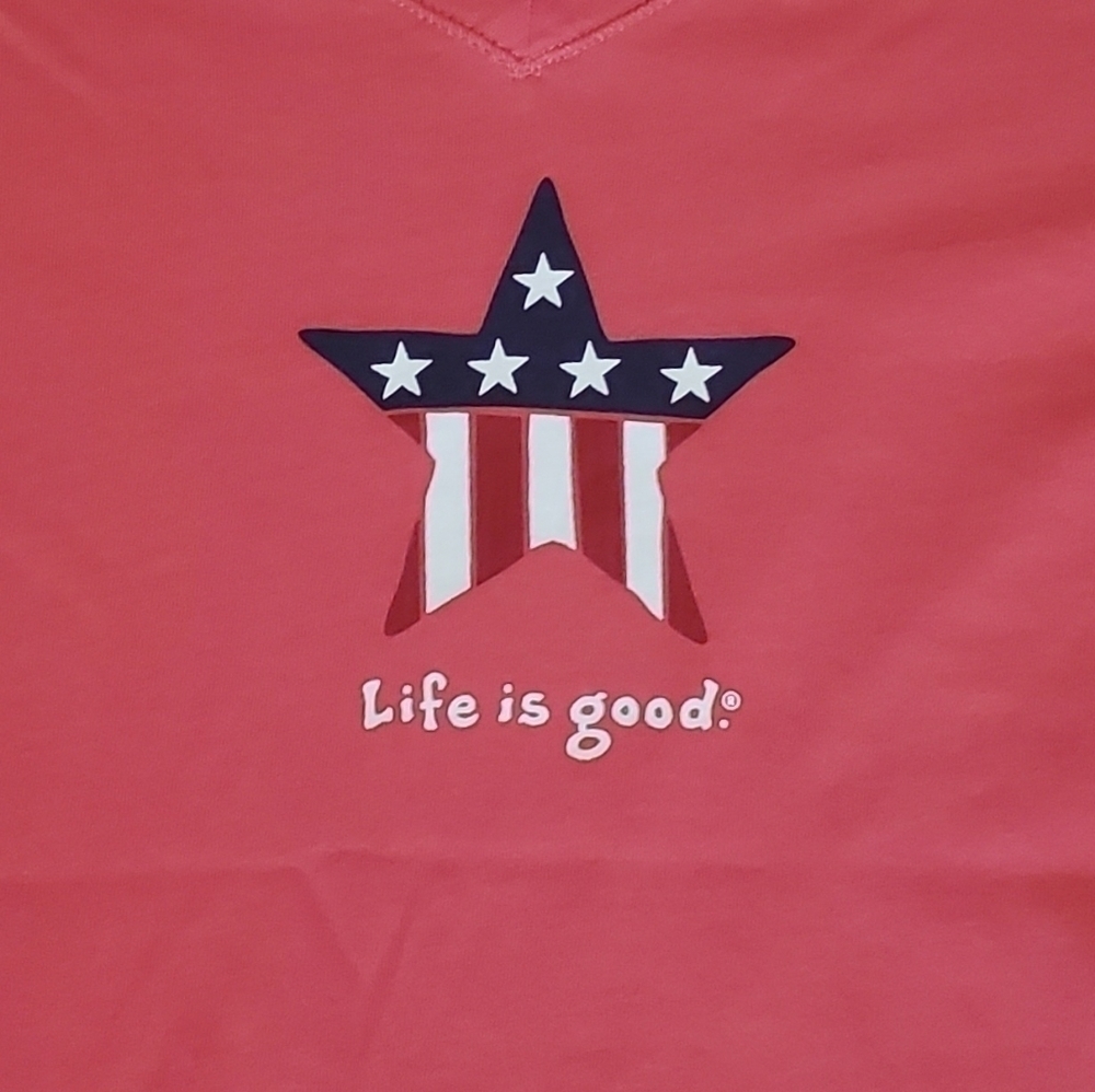 Life Is Good Patriotic American Flag Stars and Stripes Size XLarge Coral V Neck - Picture 3 of 8